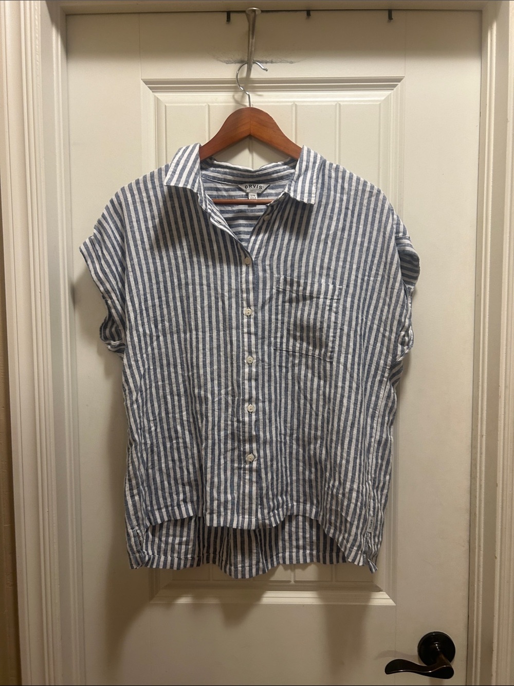 Orvis Blue /White Striped Linen Button-Up Shirt